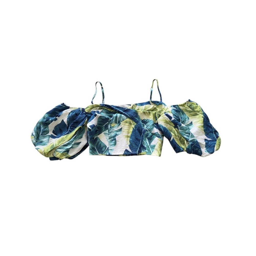 Tropical Leaf Print Puff Sleeve Crop Top XS Resortwear Vacation Festival Hawaii